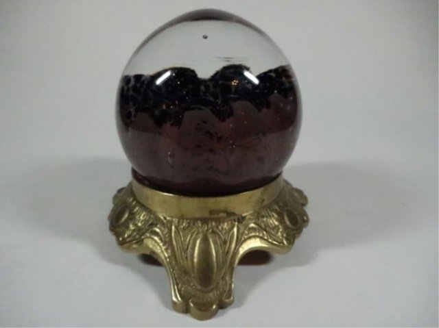 SIGNED ART GLASS PAPERWEIGHT, ON BRASS STAND, SMALL (1 of 5)