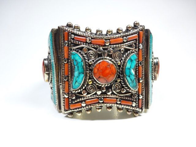 TURQUOISE & CORAL BRASS CUFF BRACELET, ANTIQUED WHITE (1 of 6)