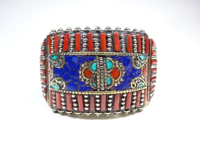 TURQUOISE & CORAL BRASS CUFF BRACELET, ANTIQUED WHITE (1 of 8)