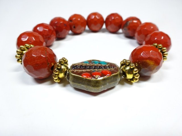 RED STONE BEAD STRETCH BRACELET, TURQUOISE & CORAL ACCE (1 of 4)