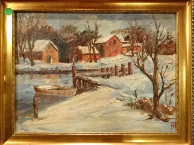 OIL ON CANVAS PAINTING, WINTER LANDSCAPE WITH RIVER, (1 of 5)