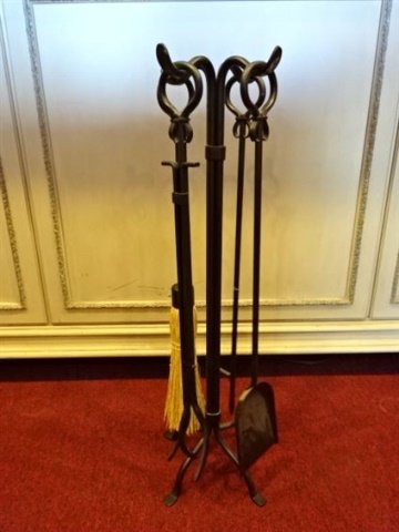 IRON FIREPLACE ACCESORIES AND RACK, INCLUDES POKER,: IRON FIREPLACE ACCESORIES AND RACK, INCLUDES POKER, TONGS, BRUSH, AND SHOVEL, APPRO29"H, SKU941.04