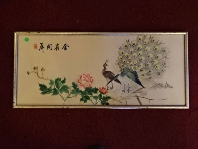 CHINESE SILK EMBROIDERY, MALE & FEMALE PEACOCKS, VERY (1 of 6)