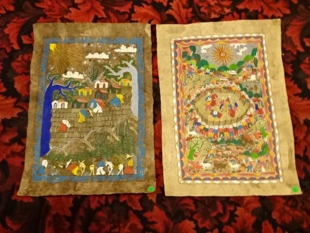 2 CENTRAL AMERICAN PAINTINGS ON BARK PAPER, UNFRAMED,: 2 CENTRAL AMERICAN PAINTINGS ON BARK PAPER, UNFRAMED, EACH APPROX 21.5" X X15", SKU788.82
