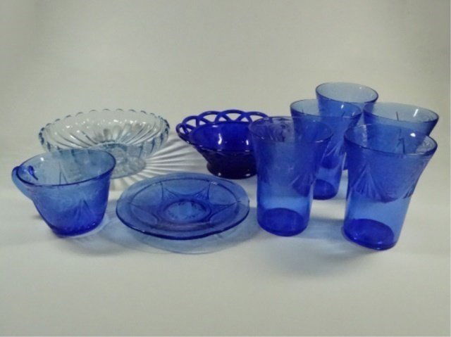 9 PC BLUE DEPRESSION GLASS, INCLUDES 5 TUMBLERS (1 of 10)