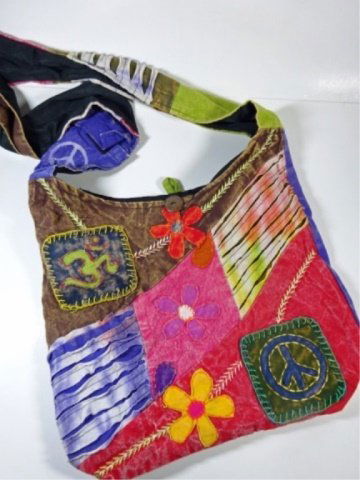 CLOTH HOBO BAG WITH FLOWERS, OM SYMBOL & PEACE SIGN,: CLOTH HOBO BAG WITH FLOWERS, OM SYMBOL & PEACE SIGN, WITH RAZOR CUT DETAIL, WITH CELL PHONE POCKET, APPROX 12" X 14"