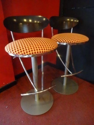 PAIR MODERN DESIGN HYDRAULIC BARSTOOLS, CHROME, WOOD. (1 of 6)