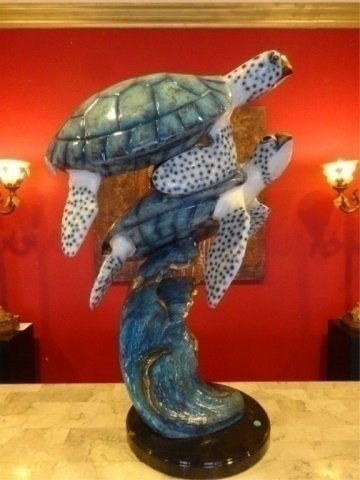 HUGE PATINATED BRONZE SEA TURTLE SCULPTURE, ON MARBLE (1 of 9)