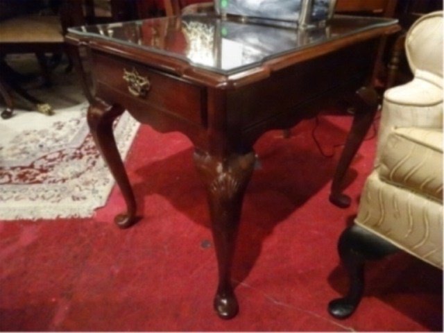 STANLEY MAHOGANY SIDE TABLE, SINGLE DRAWER, BRASS PULL, (1 of 5)