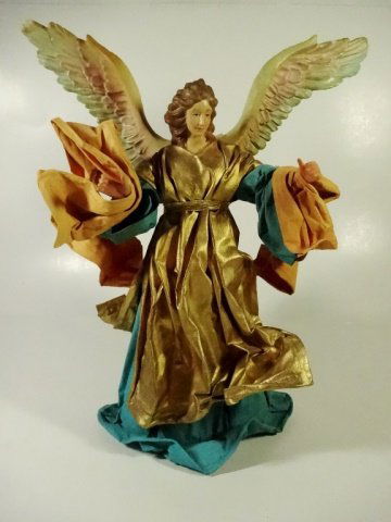 CHRISTMAS DECOR - ANGEL ON STAND / TREE TOPPER, TEAL: CHRISTMAS DECOR - ANGEL ON STAND / TREE TOPPER, TEAL DRESS WITH GOLD TOP, STIFFENED FABRIC ROBES, APPROX 13.5"