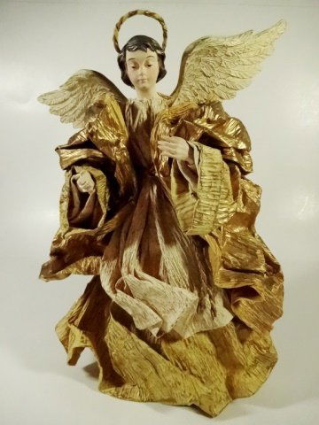 CHRISTMAS DECOR - ANGEL ON STAND / TREE TOPPER, OFF: CHRISTMAS DECOR - ANGEL ON STAND / TREE TOPPER, OFF WHITE ROBES, STIFFENED FABRIC ROBES, HALO LOOSE ON ONE SIDE, APPROX 13.25"