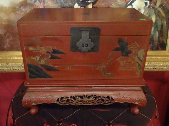 LARGE CHINESE PAINTED WOOD BOX ON STAND, RED WITH (1 of 5)