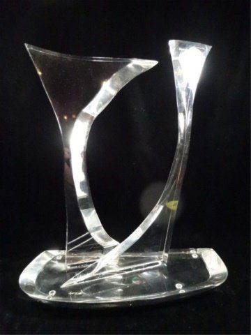 SIGNED VAN TEAL LUCITE SCULPTURE, CLEAR, CUT, BEVELED &: SIGNED VAN TEAL LUCITE SCULPTURE, CLEAR, CUT, BEVELED & CONJOINED, APPROX 14.5" X 12" X 5.5"