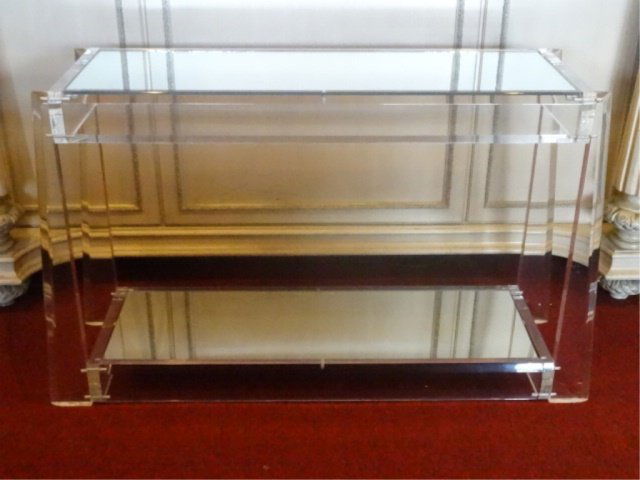 MID CENTURY MODERN ACRYLIC CONSOLE, MIRRORED SHELVES, (1 of 9)