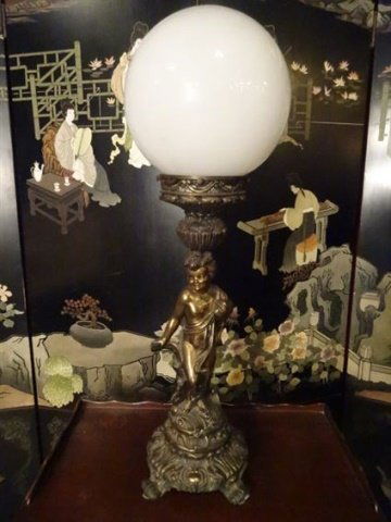 VINTAGE CAST METAL FIGURAL LAMP, ROUND GLASS GLOBE, (1 of 6)