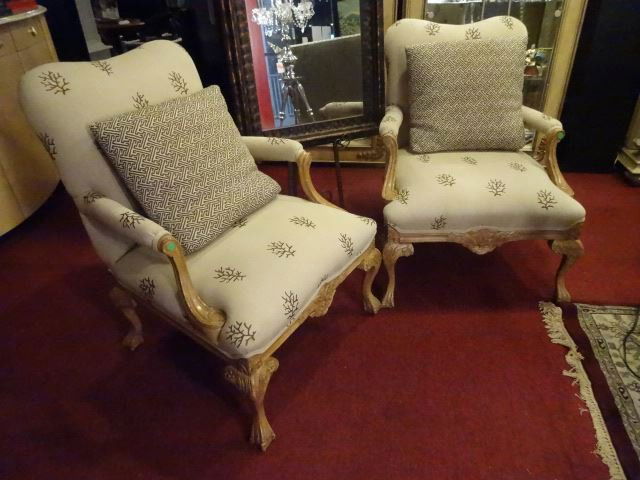 PAIR LOUIS XV STYLE ARMCHAIRS, PALE BEIGH UPHOLSTERY (1 of 8)