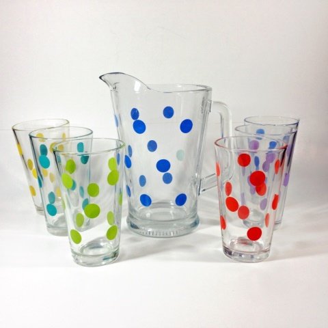 7 PC POLKA DOT GLASS PITCHER & 6 TUMBLERS, BLUE DOTS ON (1 of 6)