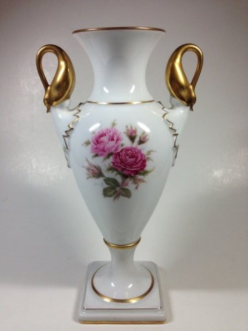 BAVARIAN PORCELAIN VASE, SWAN HANDLES, FLORAL DESIGN,: BAVARIAN PORCELAIN VASE, SWAN HANDLES, FLORAL DESIGN, MARKED ALBA-KUNST ALBOTH & KAISER BAVARIA, APPROX 9.25"H