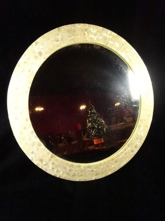 ROUND MIRROR, LACQUERED MOTHER OF PEARL FRAME, APPROX (1 of 3)