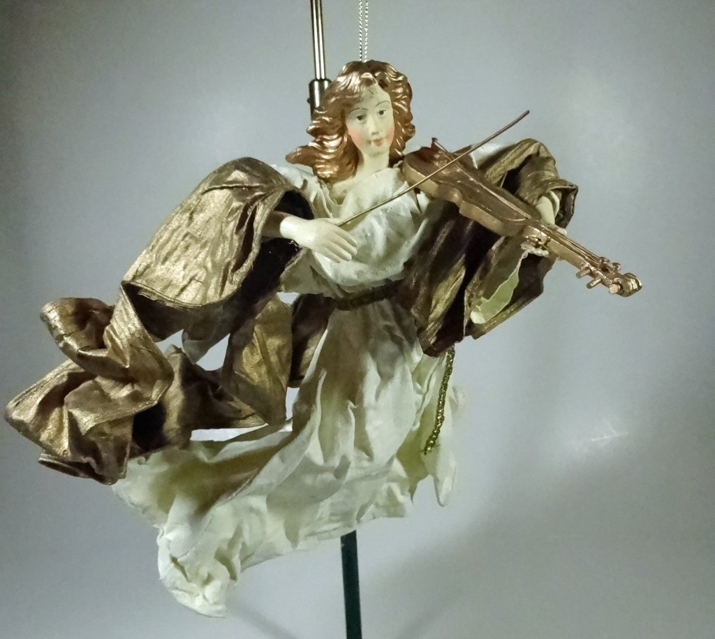 CHRISTMAS DECOR - HANGING ANGEL ORNAMENT, HOLDING: CHRISTMAS DECOR - HANGING ANGEL ORNAMENT, HOLDING VIOLIN, STIFFENED FABRIC ROBE, APPROX 8"
