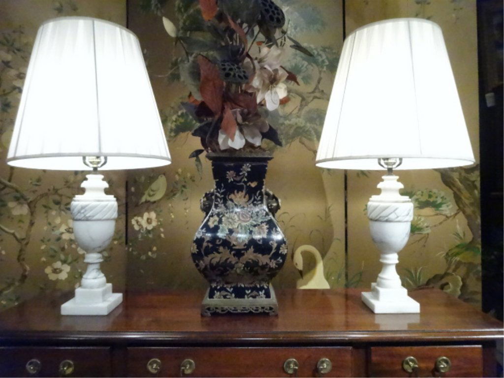 PAIR VINTAGE WHITE MARBLE LAMPS, WHITE MARBLE URN STYLE (1 of 8)
