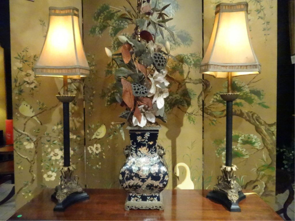 PAIR TALL BUFFET LAMPS BRASS SWAN BASE, GOLD SHADES, (1 of 10)