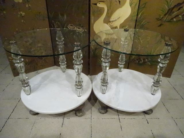 HOLLYWOOD REGENCY STYLE END TABLES, GLASS LEGS, MARBLE (1 of 10)