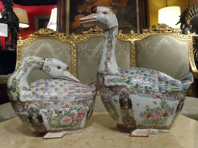 2 LARGE PORCELAIN GEESE FIGURES, PAINTED FLORALS WITH (1 of 7)