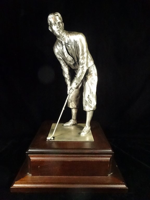 GOLFER SCULPTURE, ON WOOD BASE, MARKED COPYRIGHT USA,: GOLFER SCULPTURE, ON WOOD BASE, MARKED COPYRIGHT USA, APPROX 16.5"H
