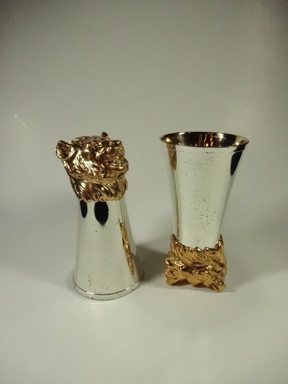 PAIR SILVER & GOLD TONE LION HEAD CUPS, SOME LOSS OF (1 of 7)