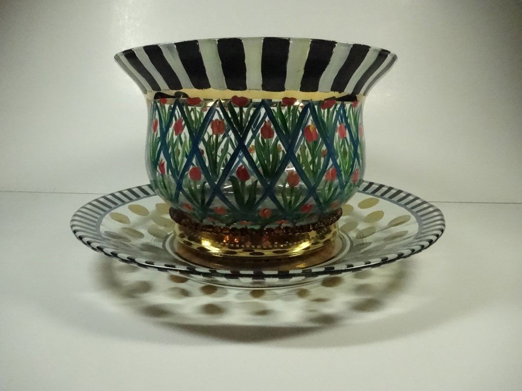 2 PC MACKENZIE CHILDS CACHEPOT & PLATE, CLEAR GLASS (1 of 7)