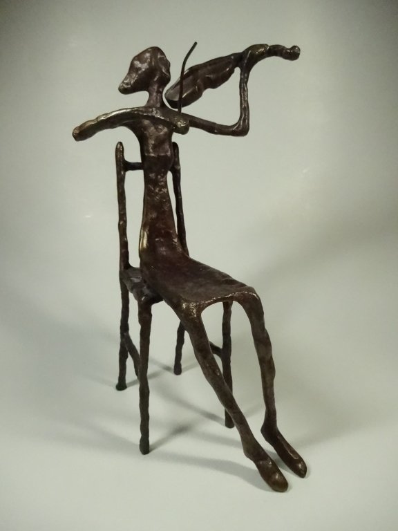 BRONZE SCULPTURE, ABSTRACT MUSICIAN WITH VIOLIN, SIGNED: BRONZE SCULPTURE, ABSTRACT MUSICIAN WITH VIOLIN, SIGNED UNDER CHAIR, APPROX 10"H