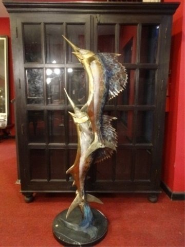 HUGE BRONZE SCULPTURE, 2 SAILFISH LEAPING, ON ROUND (1 of 7)