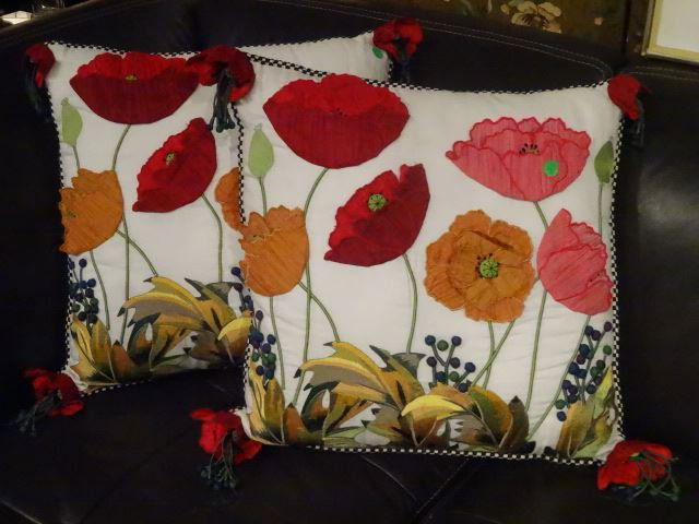 PAIR EMBROIDERED ACCENT PILLOWS, POPPIES, ELABORATELY (1 of 9)