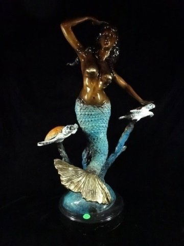PATINATED BRONZE SCULPTURE, MERMAID WITH 2 SEA TURTLES, (1 of 10)
