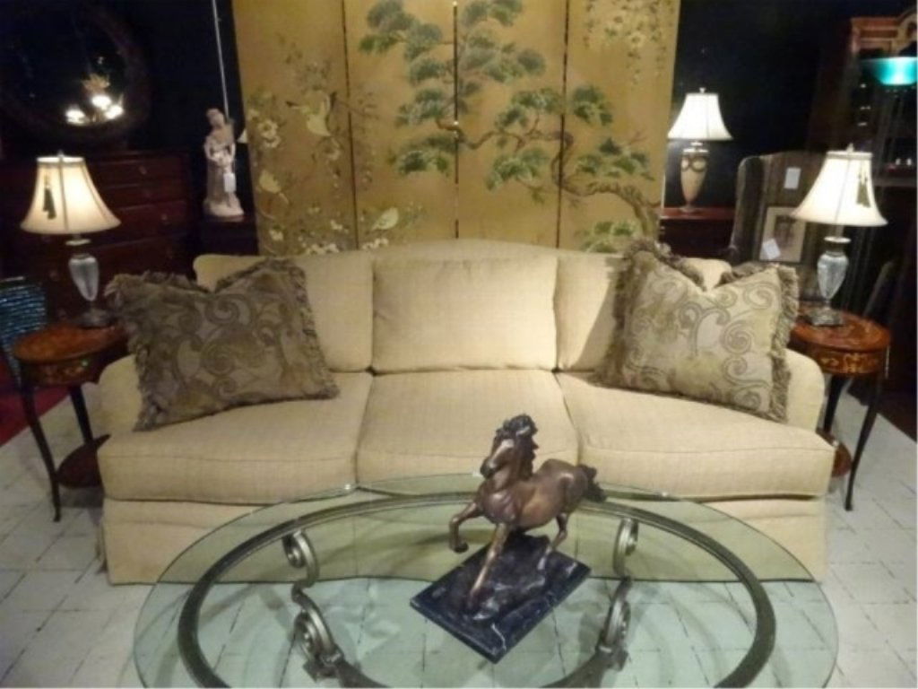 THOMASVILLE SOFA, GOLD UPHOLSTERY, SKIRTED BASE, 2 (1 of 9)