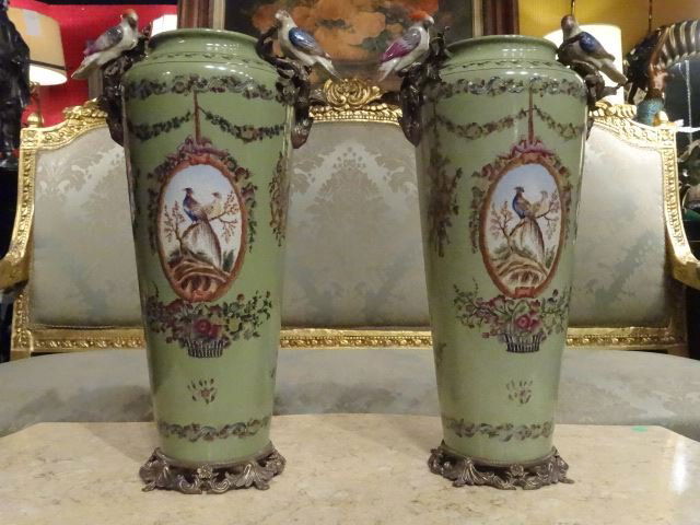PAIR LARGE PORCELAIN VASES, BIRDS PERCHED ON GILT METAL (1 of 9)