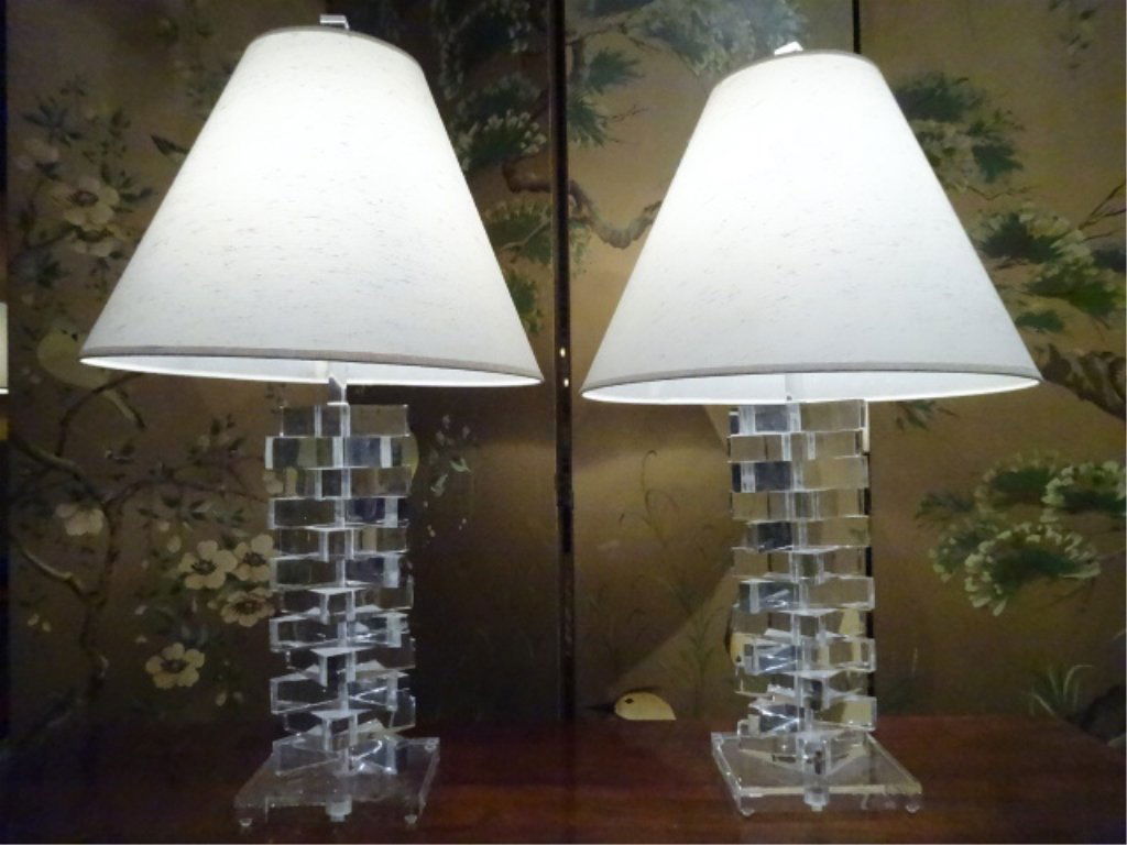 PAIR CLEAR LUCITE LAMPS, STACKED BLOCKS, LUCITE (1 of 9)