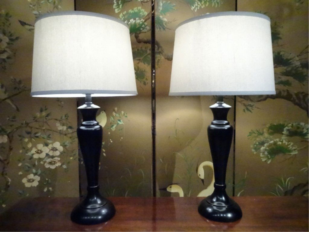 PAIR CONTEMPORARY BLACK TABLE LAMPS, COMPOSITE BASES (1 of 7)