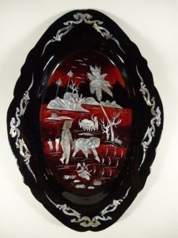 CHINESE MOTHER OF PEARL LACQUERWARE PLATE, LANDSCAPE (1 of 5)