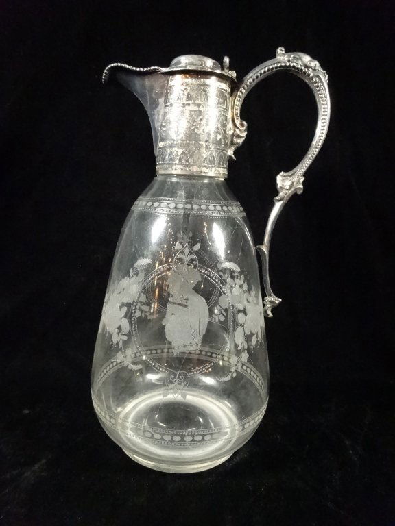 CRYSTAL EWER WITH ETCHED DESIGN, SILVERPLATE HANDLE, (1 of 8)