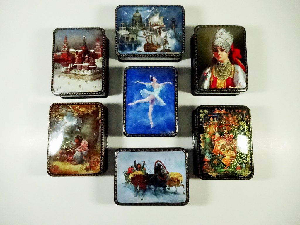 7 PC RUSSIAN HAND PAINTED LACQUERED BOXES, ARTIST (1 of 10)