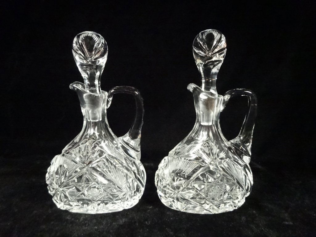 PAIR CRYSTAL CRUETS WITH STOPPERS, ETCHED DESIGN, (1 of 5)
