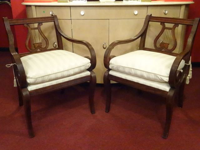 PAIR THOMASVILLE DUNCAN PHYFE STYLE ARMCHAIRS, LYRE: PAIR THOMASVILLE DUNCAN PHYFE STYLE ARMCHAIRS, LYRE BACKS, CURLED ARMS, PALE GOLD UPHOLSTERY, LABELED THOMASVILLE 100 YEARS COLLECTOR'S EDITION, EXCELLENT CONDITION, SKU990.07