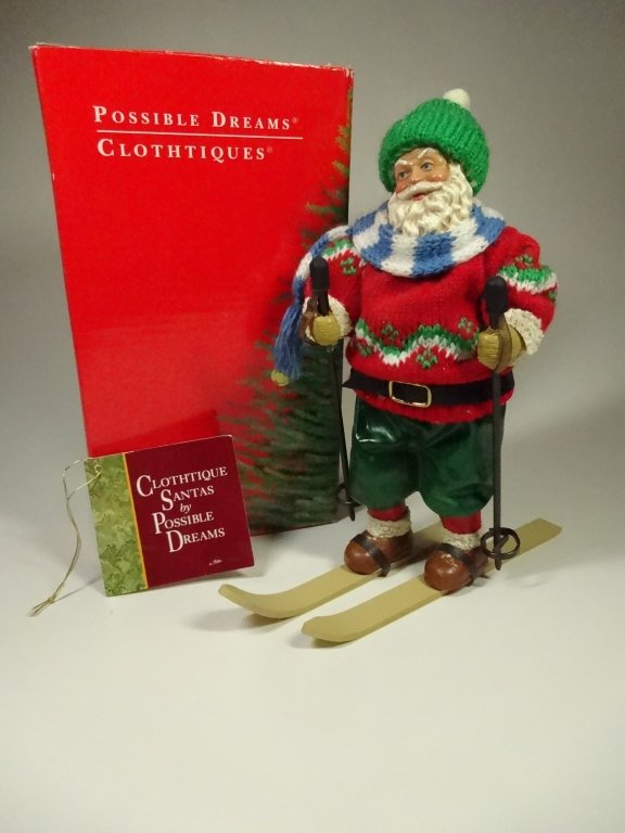 SKIING SANTA CLOTHTIQUE FIGURINE BY POSSIBLE DREAMS,: SKIING SANTA CLOTHTIQUE FIGURINE BY POSSIBLE DREAMS, COLLECTIBLE SANTA CHRISTMAS DECOR, WITH ORIGINAL BOX, APPROX 7"H