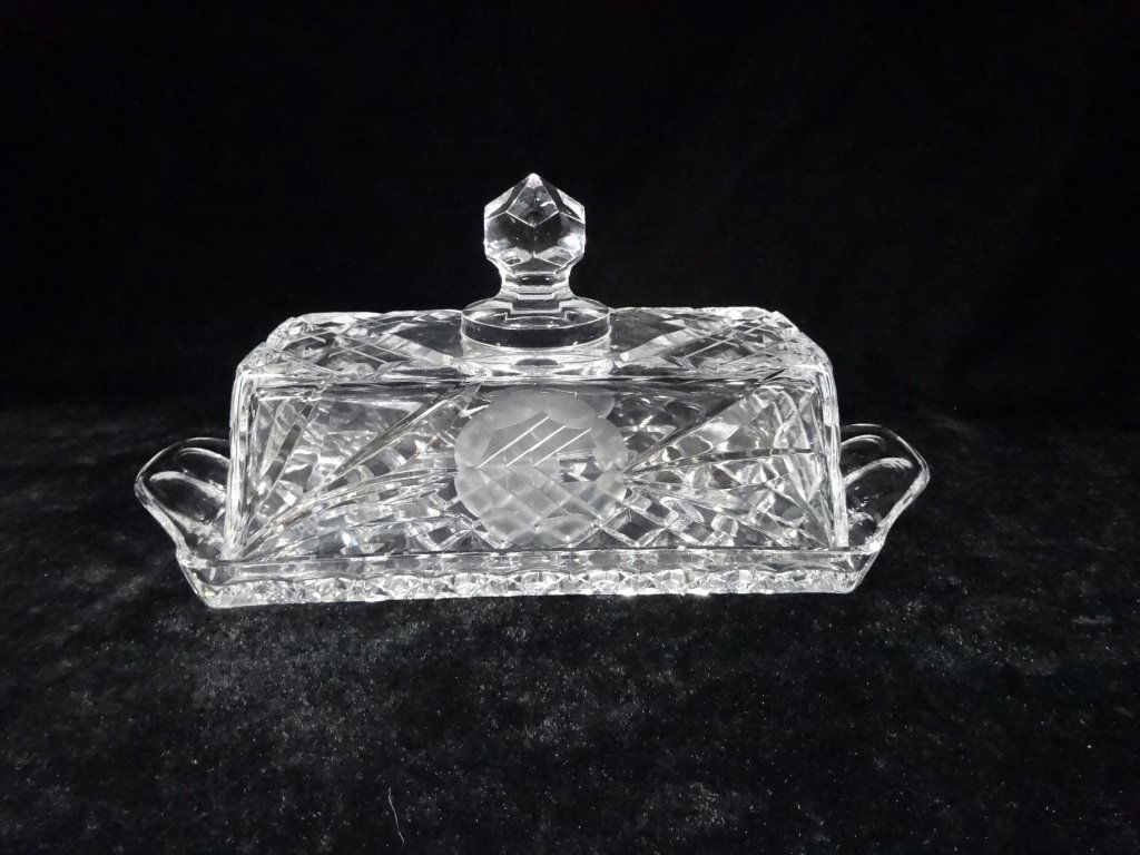 CRYSTAL COVERED BUTTER DISH, ETCHED FLORAL DESIGN, (1 of 4)