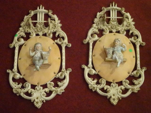 VINTAGE ROCOCO STYLE PLAQUES, WOOD WITH PORCELAIN (1 of 6)