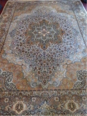 LARGE PERSIAN STYLE WOOL RUG, TAN, PALE BLUE, IVORY AND (1 of 6)