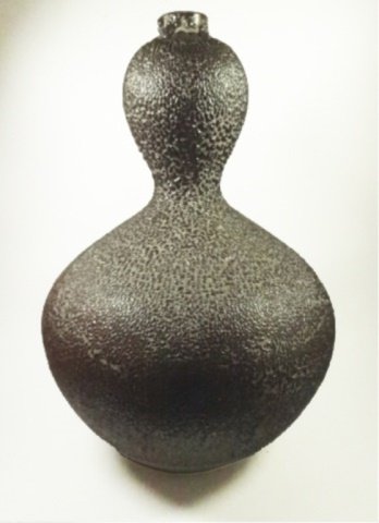 ANTIQUE JAPANESE DOUBLE GOURD SAME SATSUMA VASE, MEIJI: ANTIQUE JAPANESE DOUBLE GOURD SAME SATSUMA VASE, MEIJI PERIOD, FINE DOUBLE GOURD SATSUMA VASE COVERED WITH A BROWN SAME (SHARKSKIN) GLAZE, LATE 19TH CENTURY. ILLUSTRATED IN NIGROSH, LEON I., CLAYWORK: