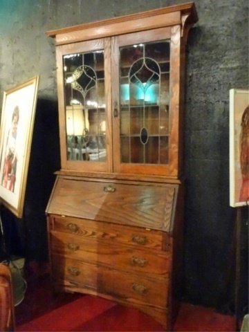 ANTIQUE OAK DROP FRONT SECRETARY DESK, BOOKCASE TOP (1 of 5)